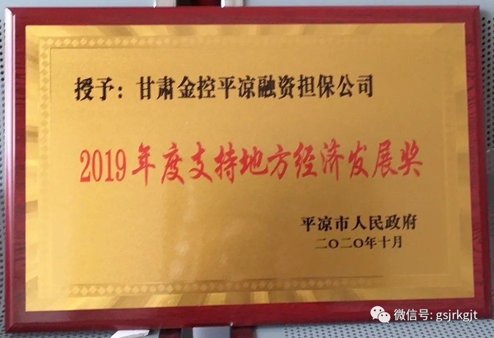 金控平?jīng)鰮?dān)保榮獲2019年度 “支持地方經(jīng)濟(jì)發(fā)展獎(jiǎng)”